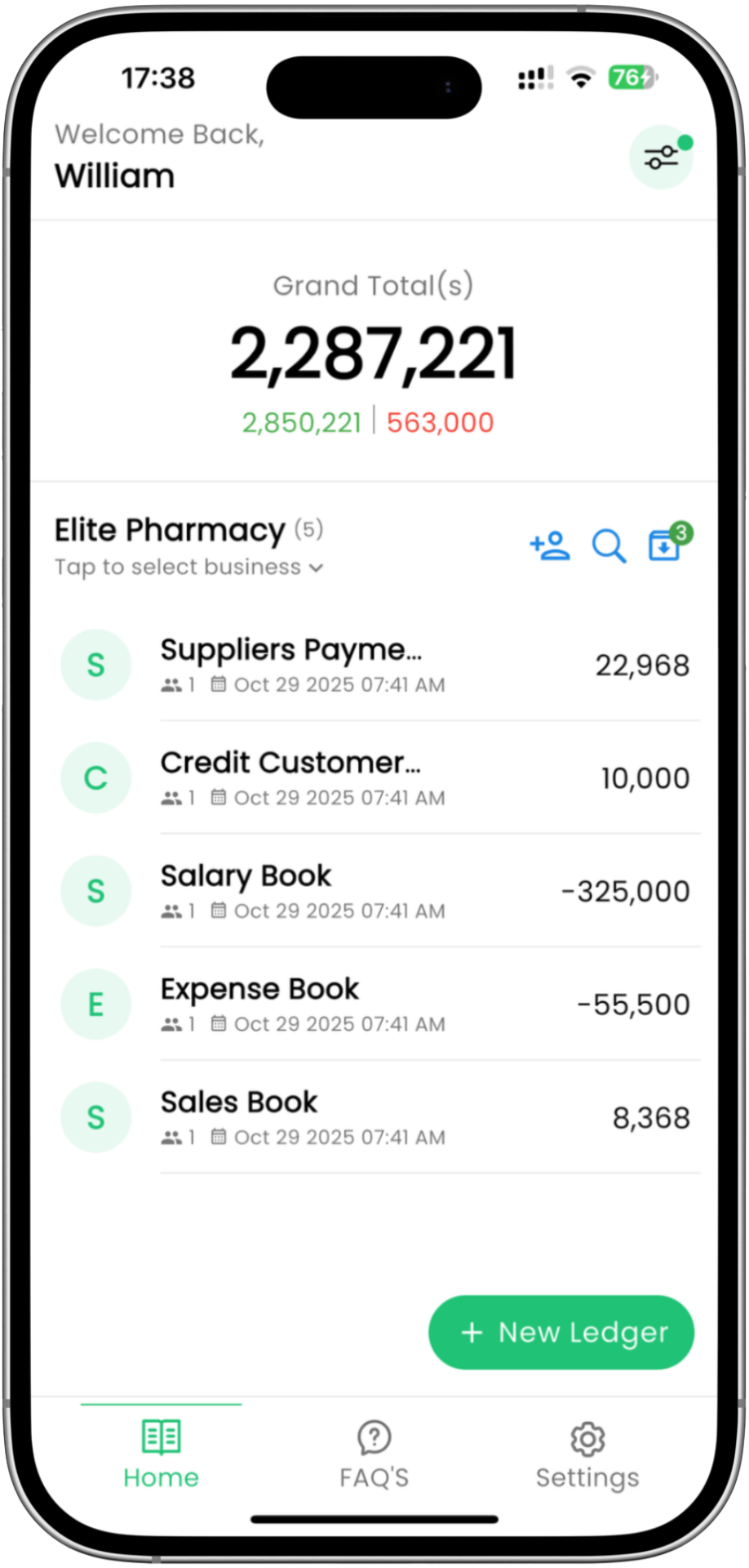 CashFlow Manager app showing multiple book management with transactions and balance overview